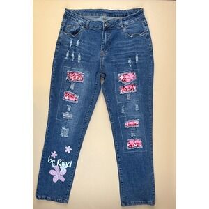 Distressed Floral Patch Denim Cotton Be Kind Graphic Jeans 14 Unbranded